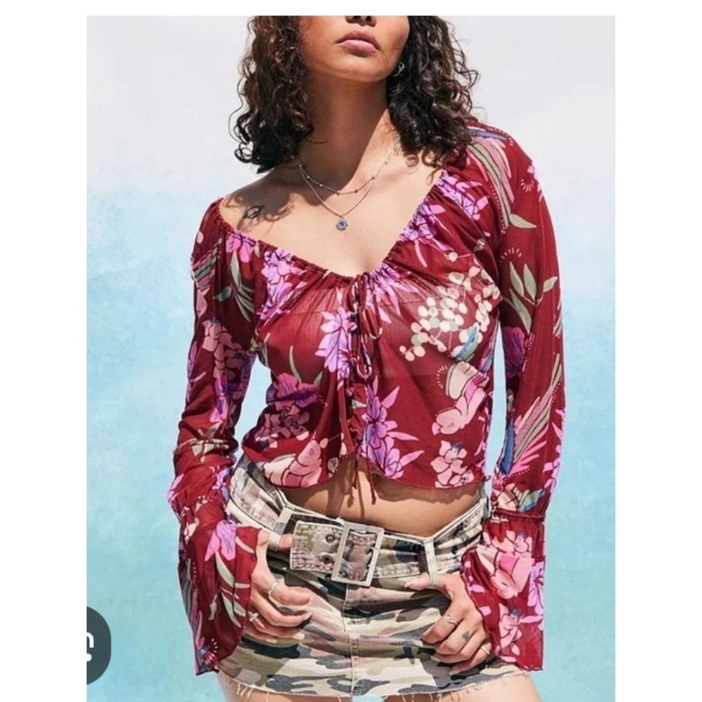 Free People Cocoa Combo Floral V-Neck Drawstring Blouse OB1466366 XS Burgundy